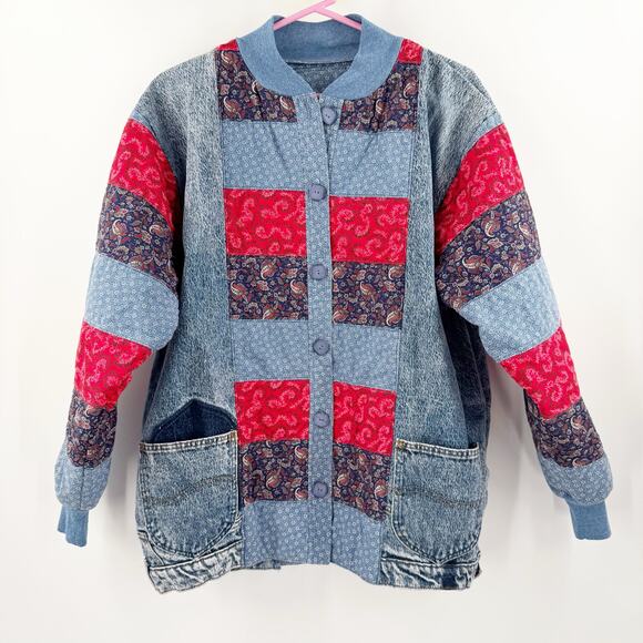 Vintage Jackets & Blazers - Vintage Jacket SZ Medium/Large Upcycled Handmade Patchwork Denim Quilt Cottage